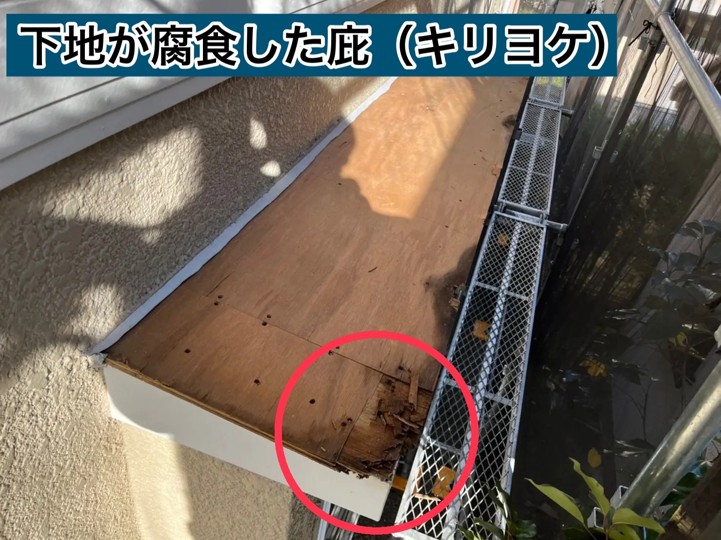 庇板金の下地が腐食した状態