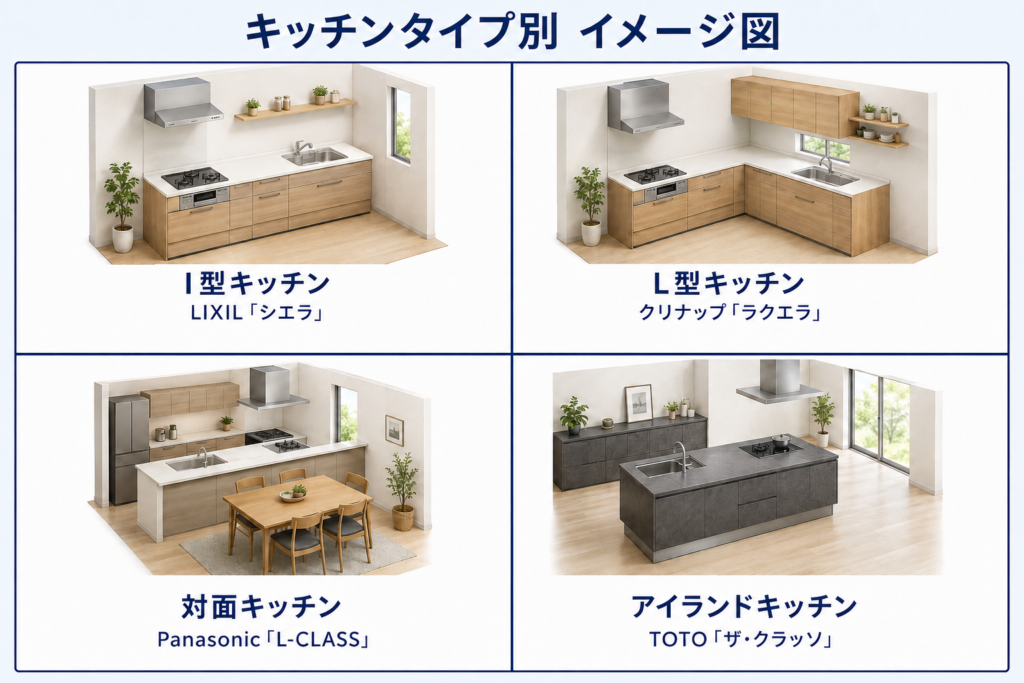 シンク・水栓・調理台・コンロ・収納・レンジフードで構成されるシステムキッチンのイメージ