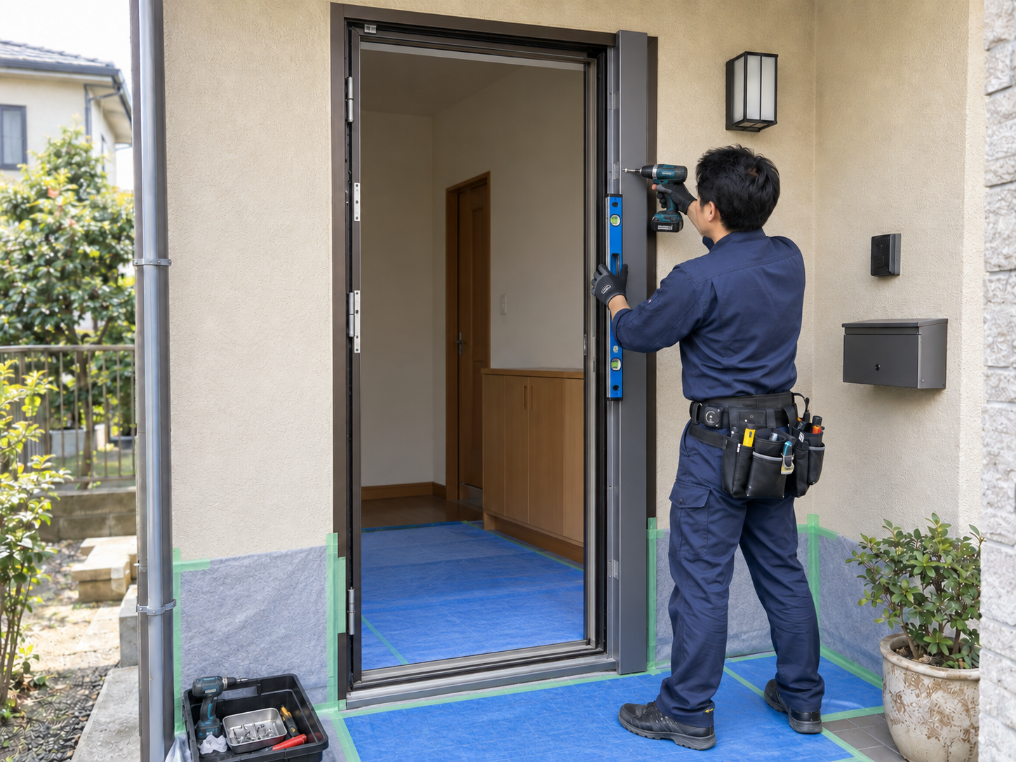 既存枠の上から新しいドア枠を取り付けている様子